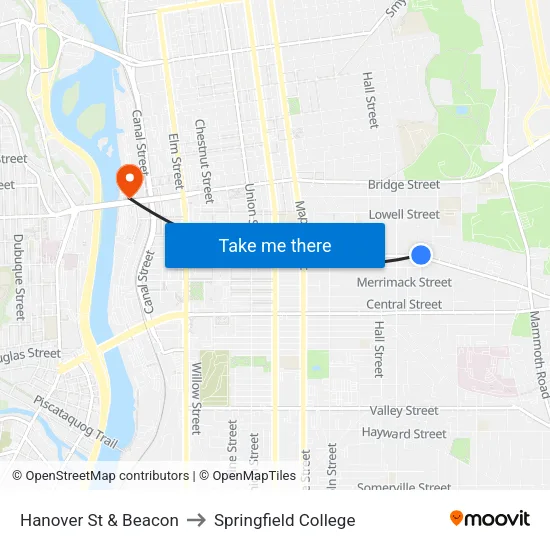 Hanover St & Beacon to Springfield College map