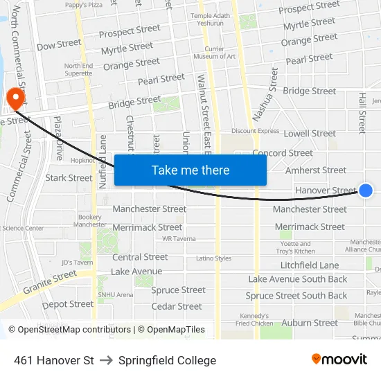 461 Hanover St to Springfield College map