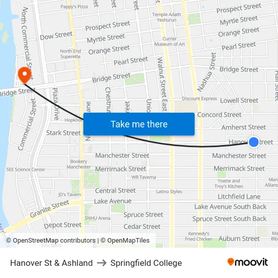 Hanover St & Ashland to Springfield College map
