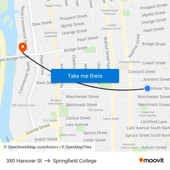 380 Hanover St to Springfield College map