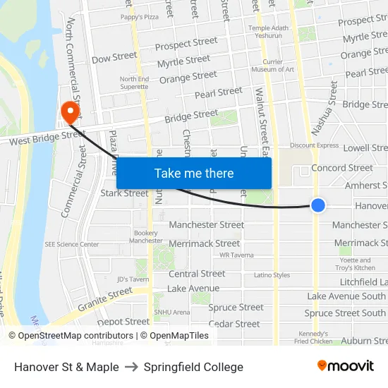 Hanover St & Maple to Springfield College map