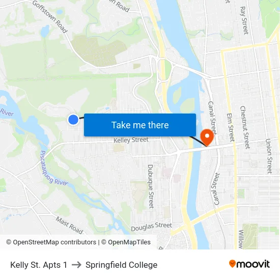 Kelly St. Apts 1 to Springfield College map
