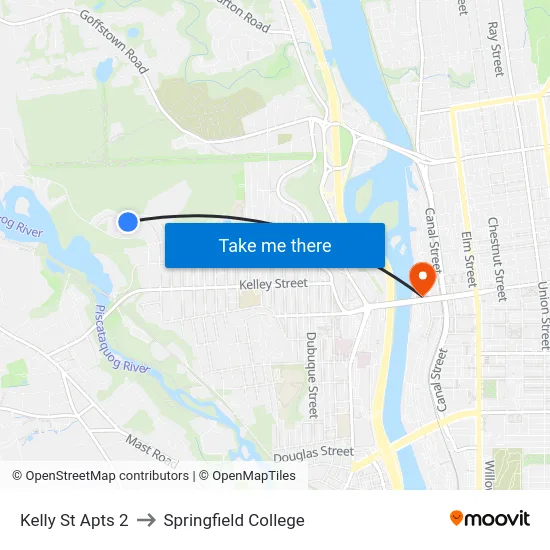Kelly St Apts 2 to Springfield College map