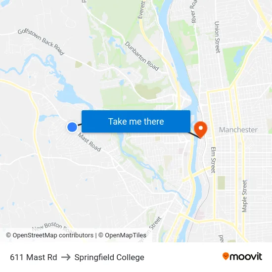 611 Mast Rd to Springfield College map