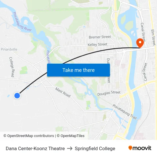 Dana Center-Koonz Theatre to Springfield College map