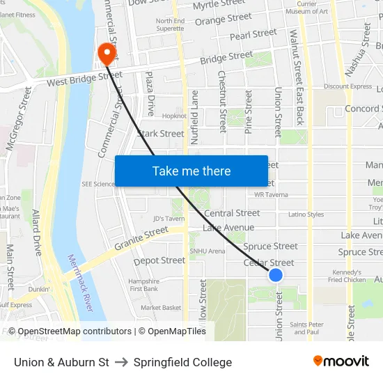 Union & Auburn St to Springfield College map