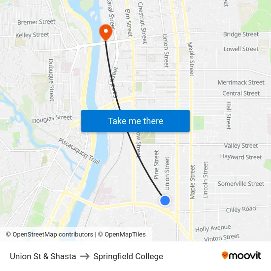 Union St & Shasta to Springfield College map