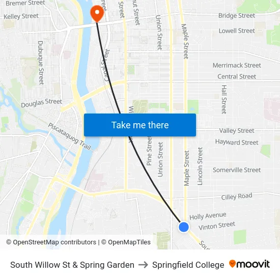 South Willow St & Spring Garden to Springfield College map