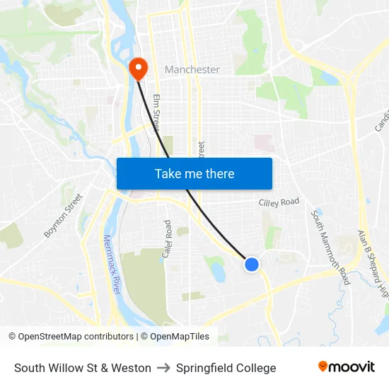 South Willow St & Weston to Springfield College map