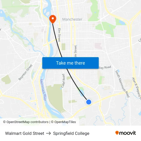 Walmart Gold Street to Springfield College map