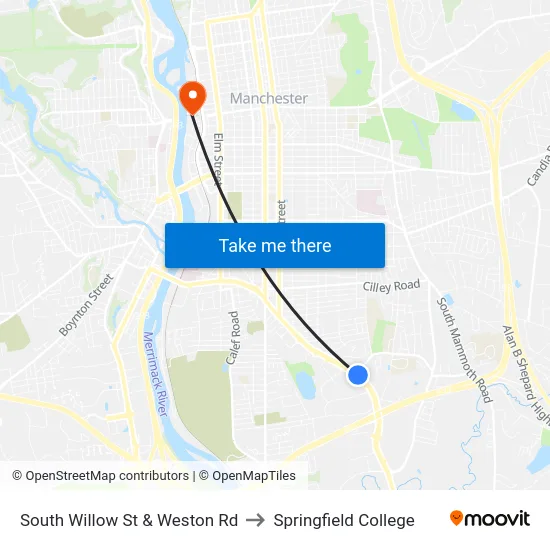 South Willow St & Weston Rd to Springfield College map