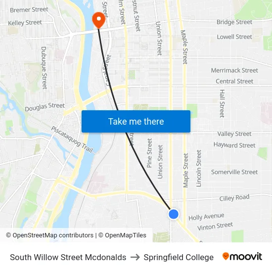 South Willow Street Mcdonalds to Springfield College map