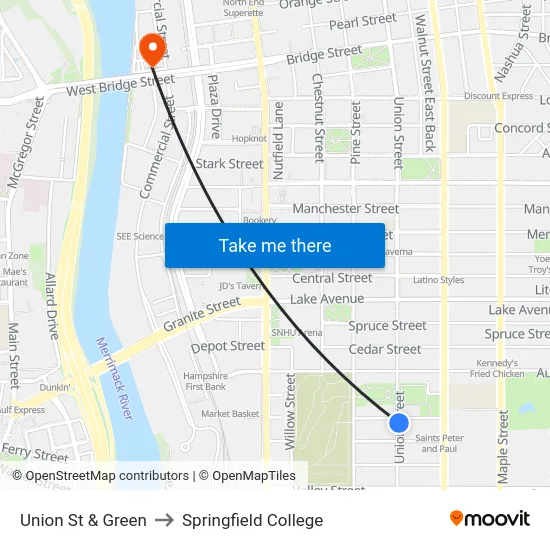 Union St & Green to Springfield College map