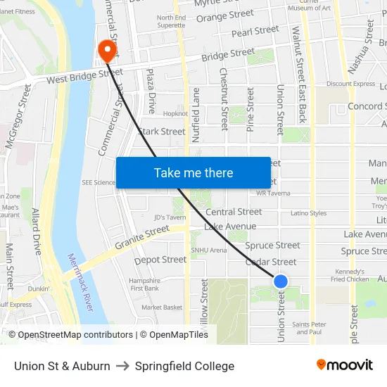 Union St & Auburn to Springfield College map