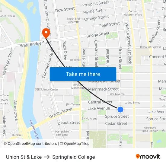 Union St & Lake to Springfield College map