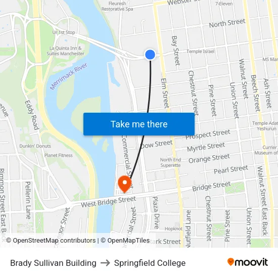 Brady Sullivan Building to Springfield College map