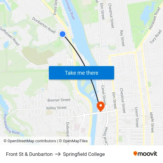 Front St & Dunbarton to Springfield College map