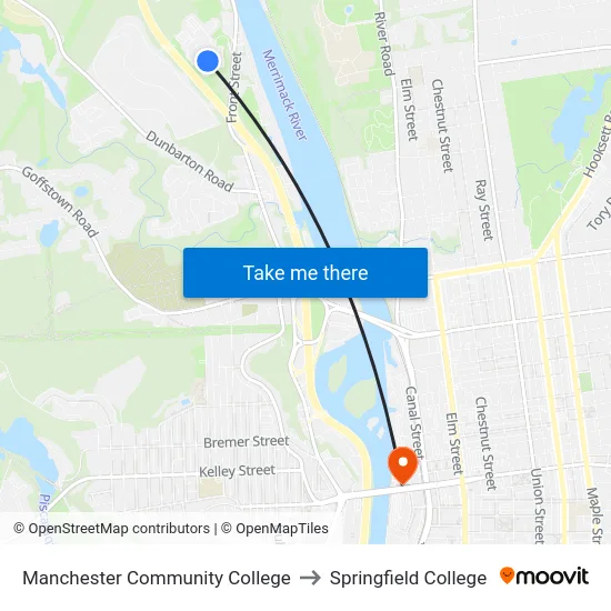 Manchester Community College to Springfield College map