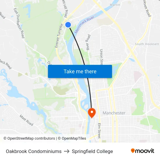 Oakbrook Condominiums to Springfield College map