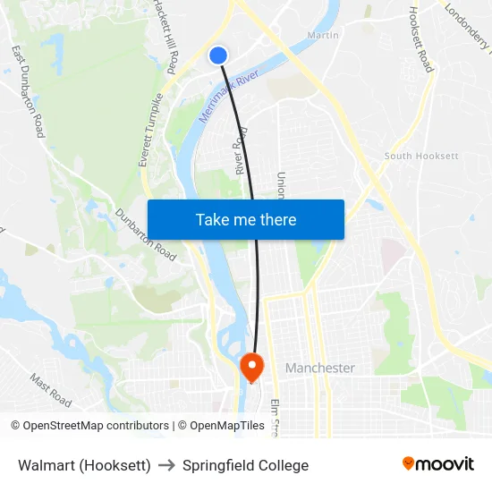Walmart (Hooksett) to Springfield College map