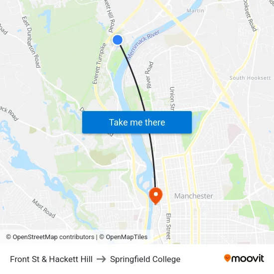 Front St & Hackett Hill to Springfield College map