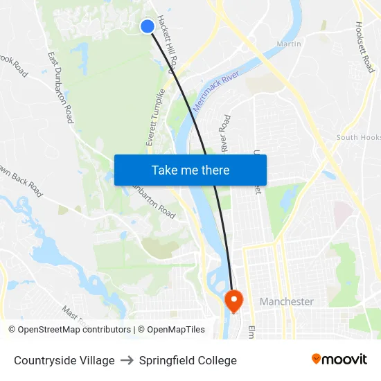 Countryside Village to Springfield College map