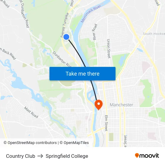Country Club to Springfield College map