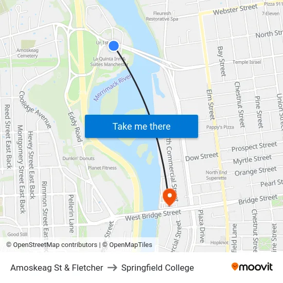 Amoskeag St & Fletcher to Springfield College map