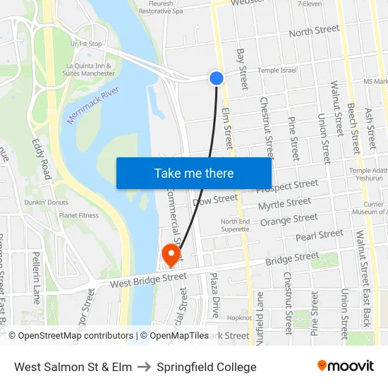 West Salmon St & Elm to Springfield College map