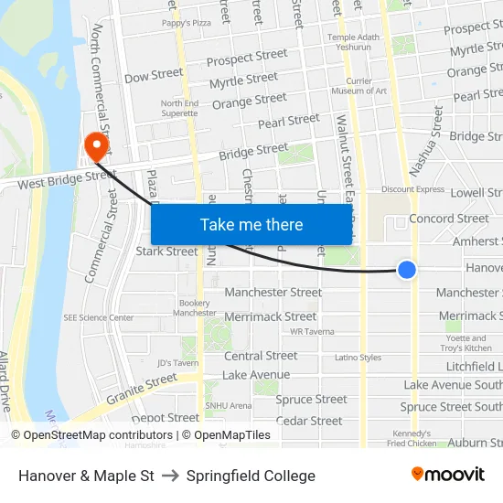 Hanover & Maple St to Springfield College map