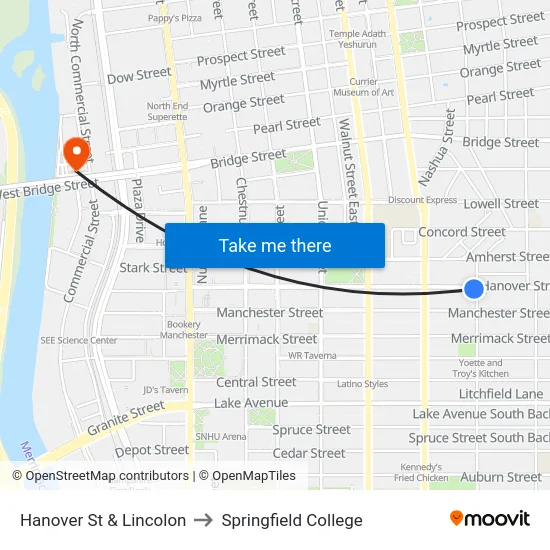 Hanover St & Lincolon to Springfield College map