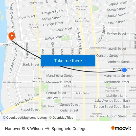 Hanover St & Wilson to Springfield College map