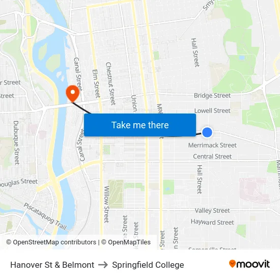 Hanover St & Belmont to Springfield College map