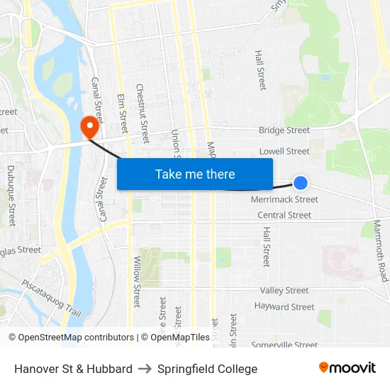 Hanover St & Hubbard to Springfield College map