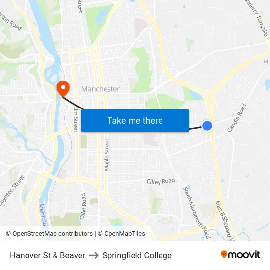 Hanover St & Beaver to Springfield College map
