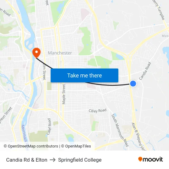 Candia Rd & Elton to Springfield College map