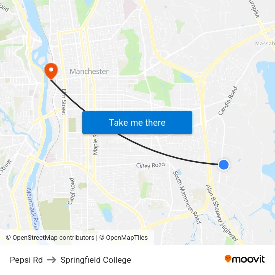 Pepsi Rd to Springfield College map