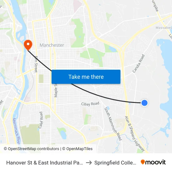 Hanover St &  East Industrial Park to Springfield College map