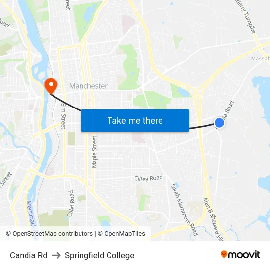Candia Rd to Springfield College map