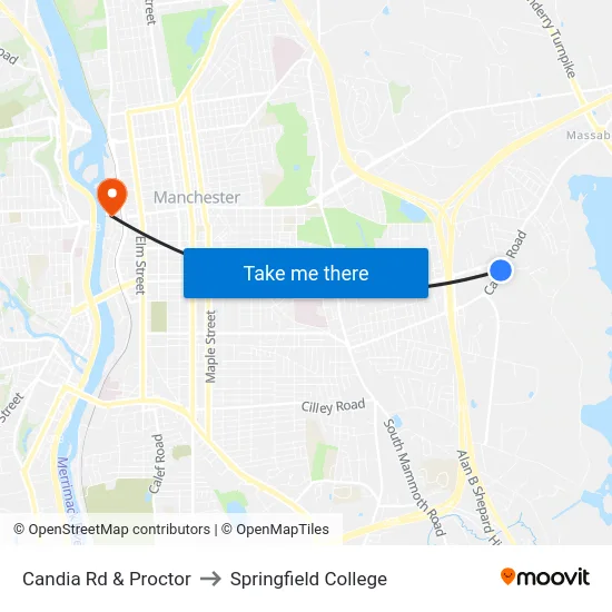 Candia Rd & Proctor to Springfield College map