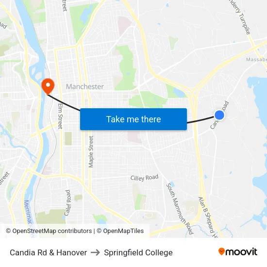 Candia Rd & Hanover to Springfield College map