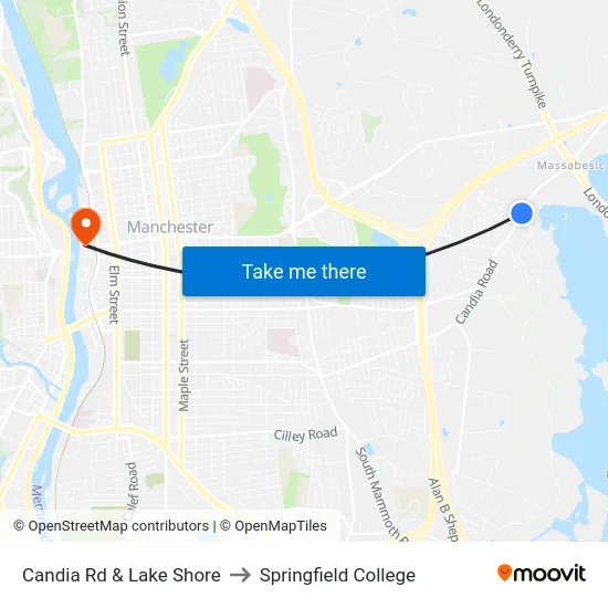 Candia Rd & Lake Shore to Springfield College map