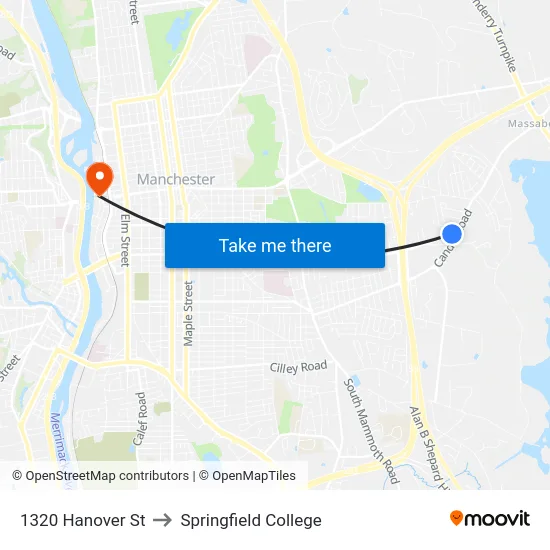 1320 Hanover St to Springfield College map