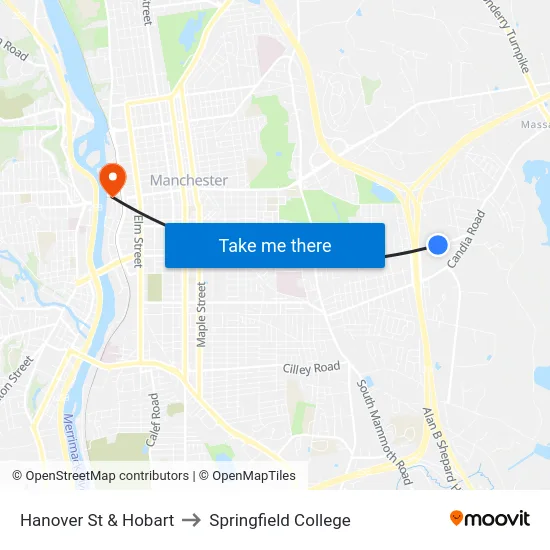 Hanover St & Hobart to Springfield College map