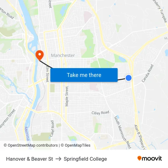 Hanover & Beaver St to Springfield College map