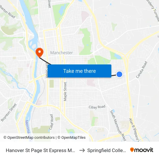 Hanover St  Page St Express Mart to Springfield College map