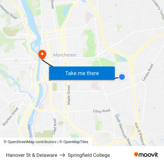 Hanover St & Delaware to Springfield College map
