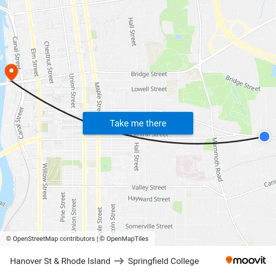 Hanover St & Rhode Island to Springfield College map