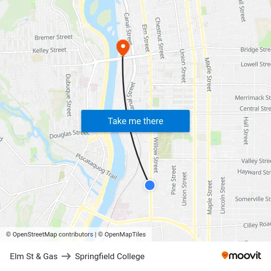 Elm St & Gas to Springfield College map