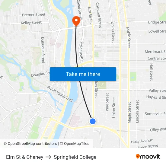 Elm St & Cheney to Springfield College map